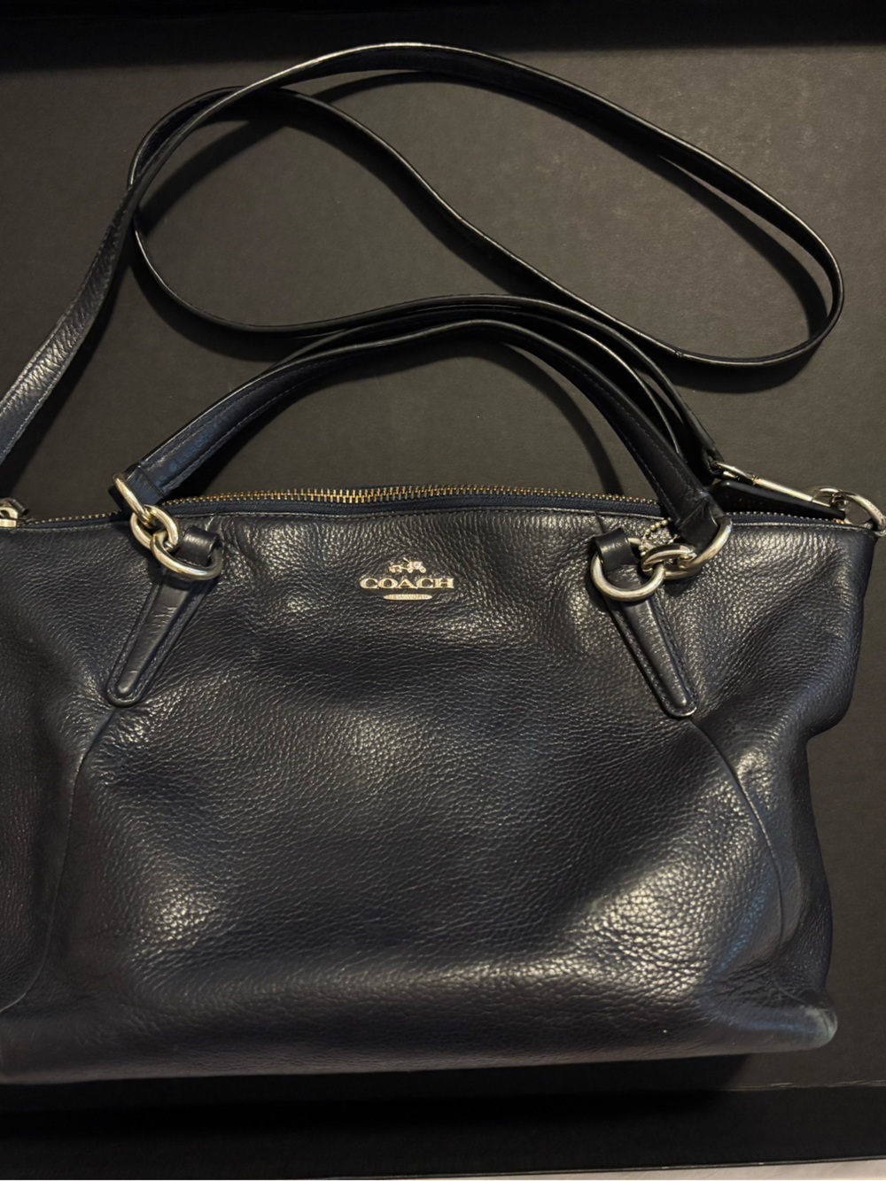 Coach Kelsey Satchel Navy Pebbled Leather Bag with Gold Hardware